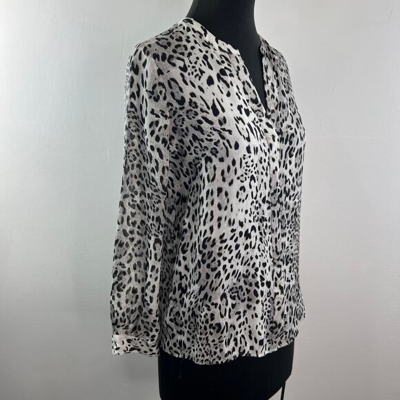 JOIE Purine Gray Black Top Silk Leopard Split Neck Balloon Sleeve Size XSmall XS - Picture 8 of 14